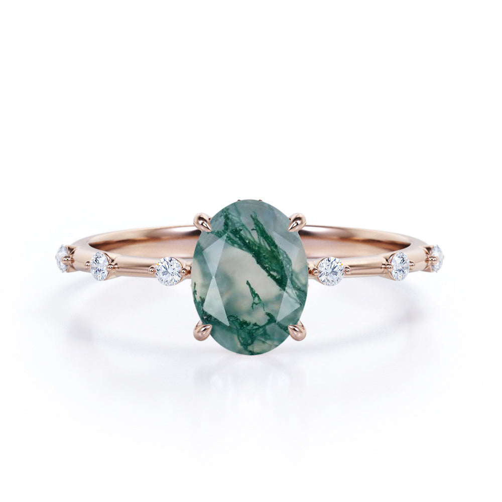 Branch Twig inspired 1.1 carat Moss Green Agate and diamond claw prong engagement ring in White gold