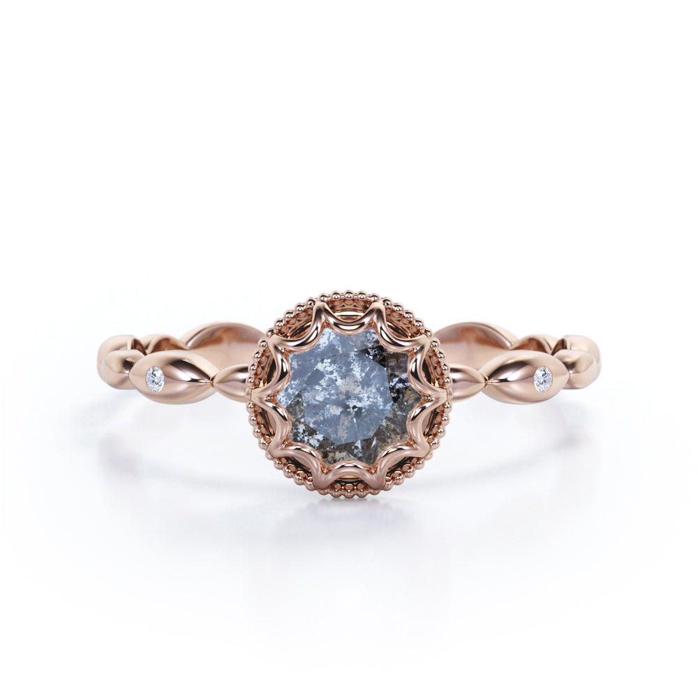 Scalloped Bead décor 0.5 carat Round cut Salt and pepper diamond marquise style engagement ring in Black gold