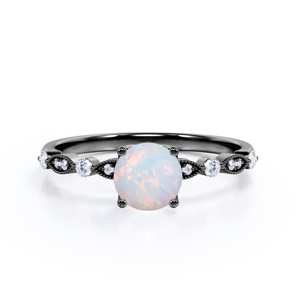 Classic Cathedral set 1.1 carat Round cut Opal and diamond milgrain marquise and dot engagement ring in Rose gold
