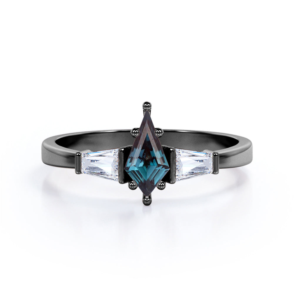 Baguette style 1.1 carat Kite shaped Alexandrite and diamond unique three stone engagement ring in White gold