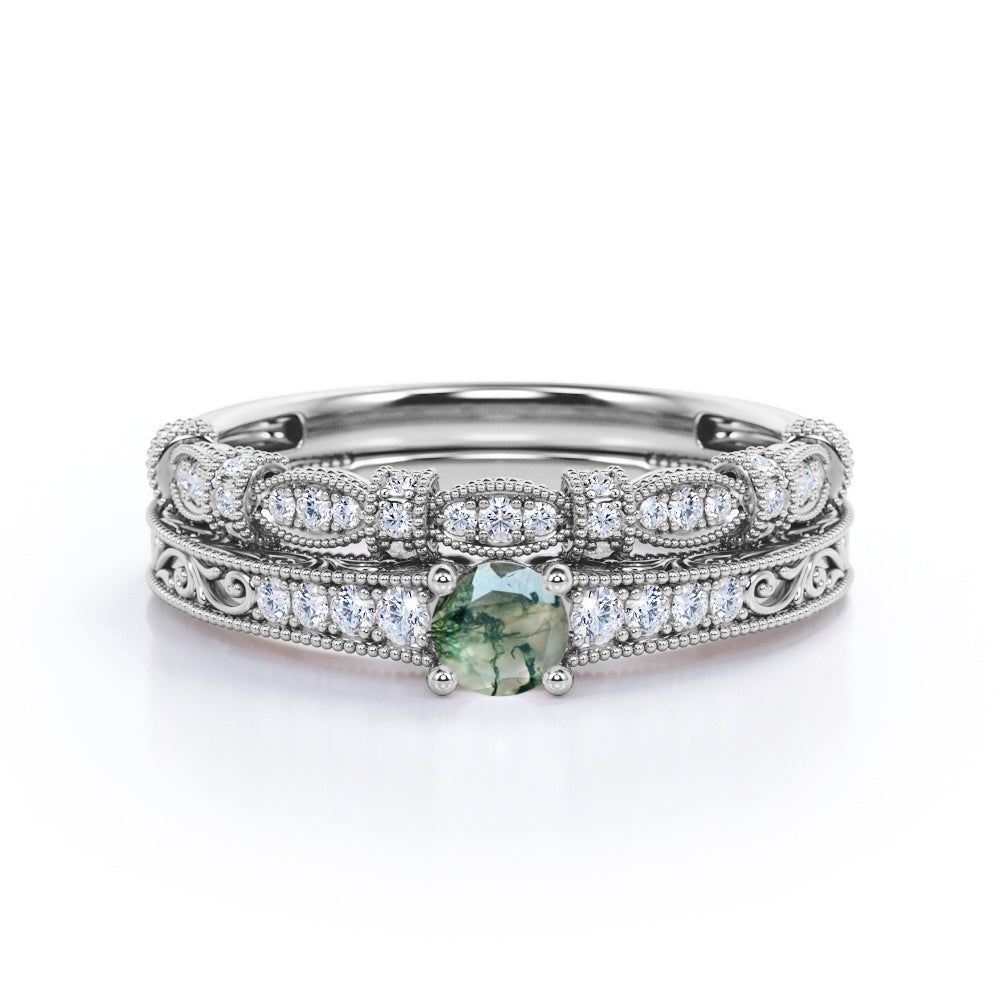 Exquisite Art Deco 0.9 carat Round cut Moss Green Agate and diamond Edwardian filigree Bridal set in Rose gold