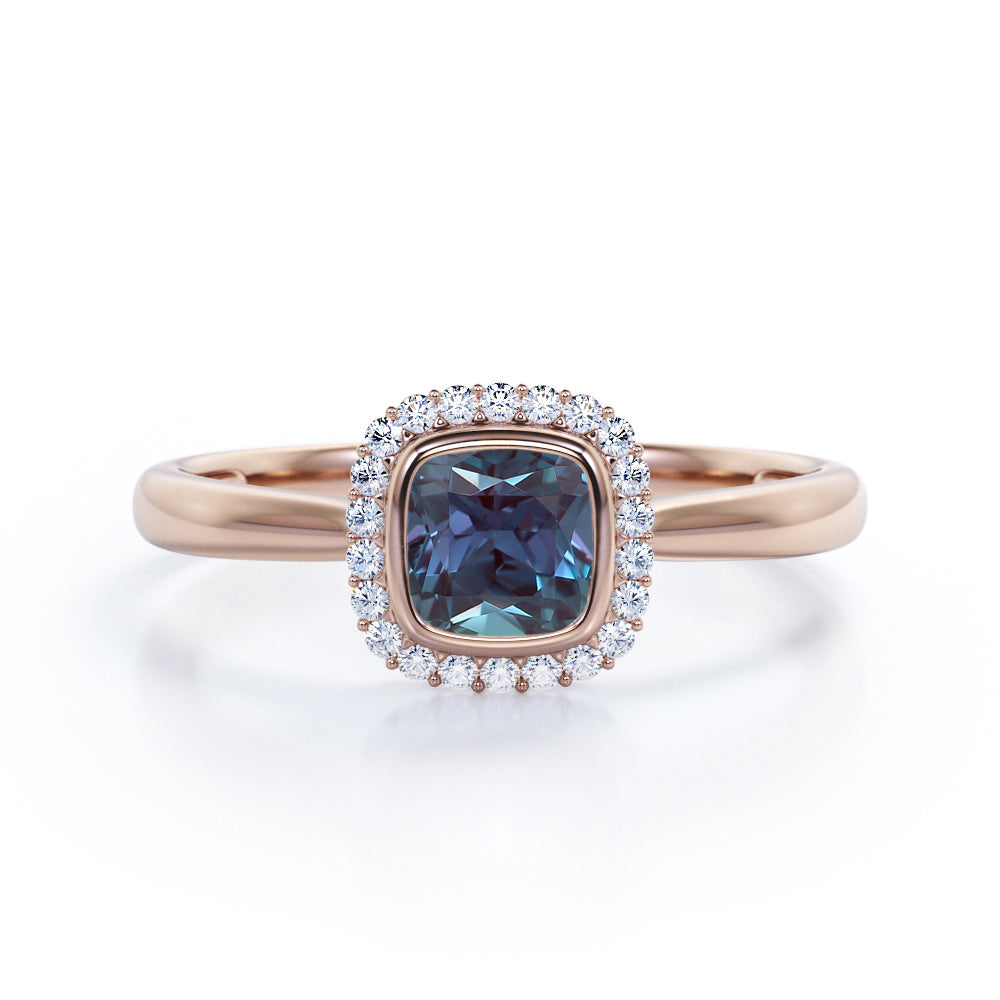Vintage Floral 1.25 carat Cushion cut Lab made Alexandrite and diamond halo style engagement ring in White gold
