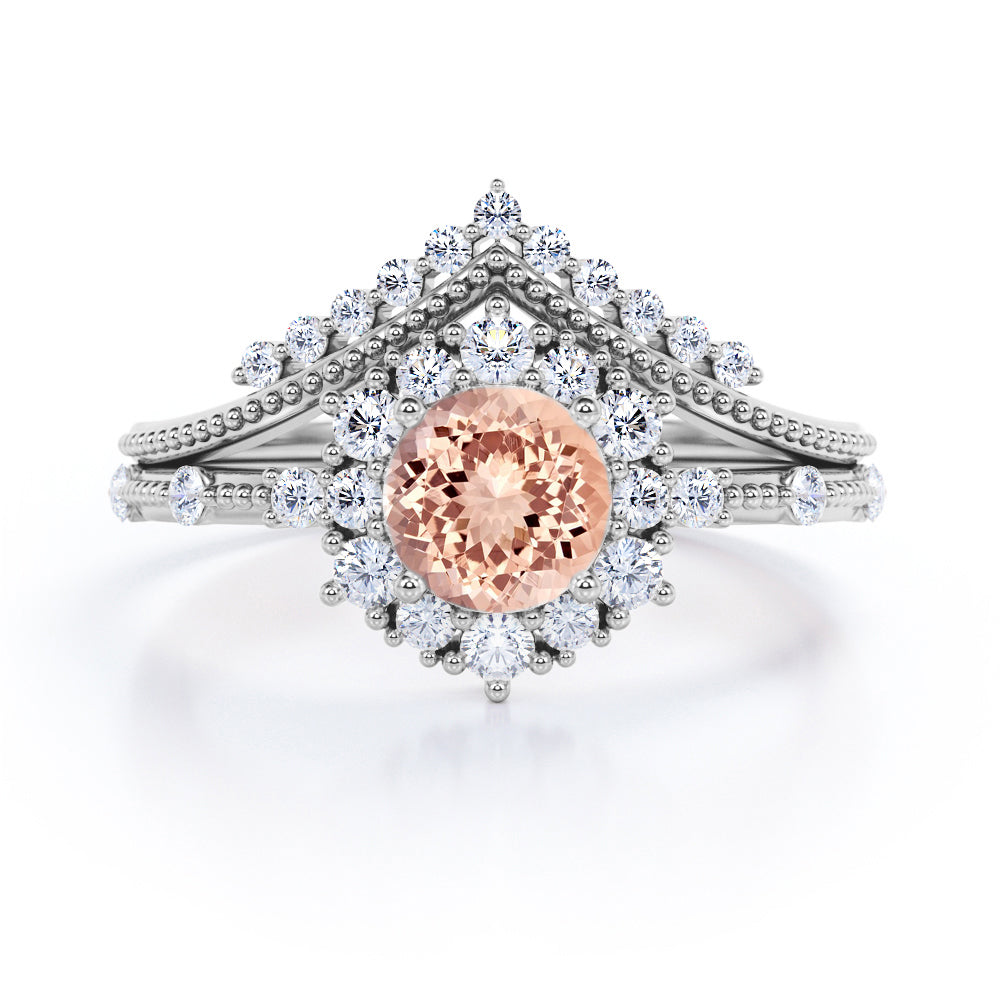 Contoured setting 1.65 carat Round cut Morganite and diamond Snowflake Milgrain Bridal set in Black gold