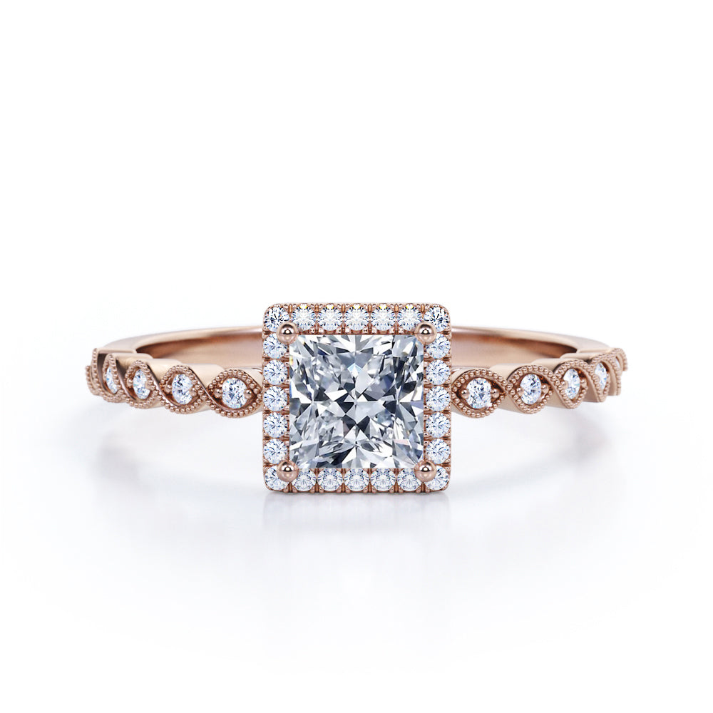 Princess Halo 1.35 carat square cut Moissanite and diamond vintage engagement ring in White gold