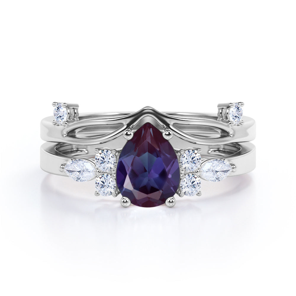 Crown inspired 1.15 carat Pear shaped Synthetic Alexandrite and diamond split shank setting-chevron wedding ring set in Rose gold