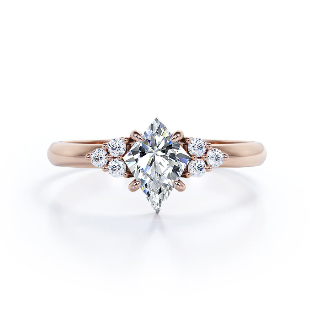 Unique Claw prong 1 carat Kite shaped Moissanite and diamond vintage style engagement ring in White gold