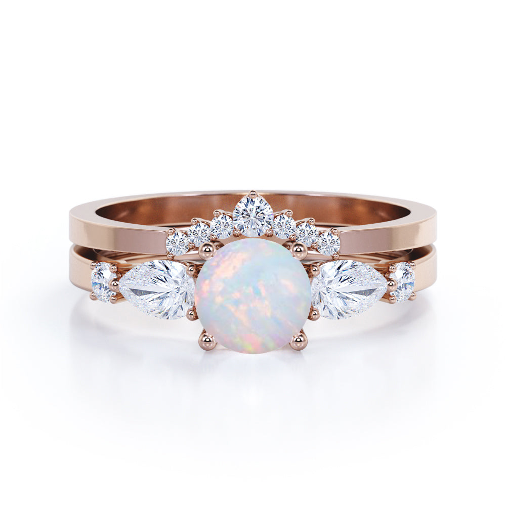 Tiara style 1.4 carat Round cut Opal and diamond beveled shank ring in White gold- Engagement ring for women