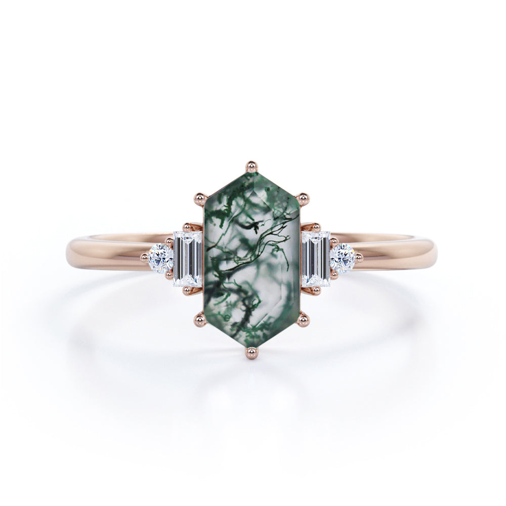 Eccentric 5 stones 1.1 carat Hexagon shaped Moss Green Agate and diamond anniversary ring in White gold