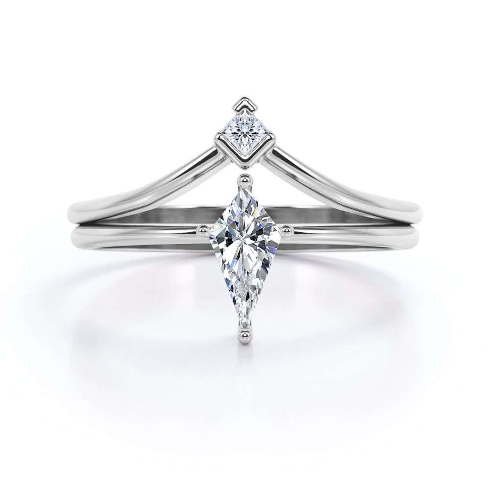 2 stone Chevron 0.55 carat Kite shaped Moissanite and diamond minimalist wedding ring set in Rose gold