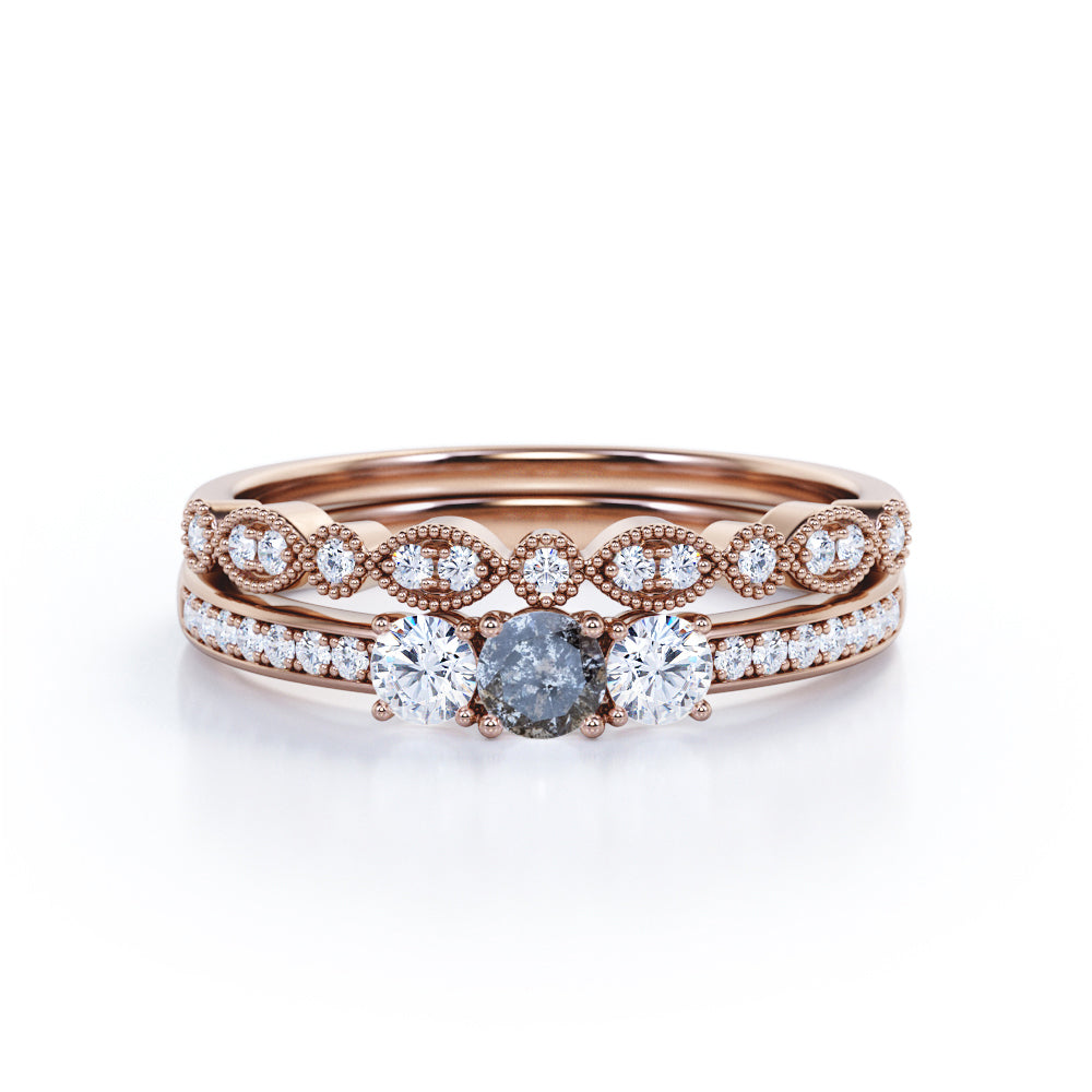 Channel trinity 0.8 carat Round cut Salt and pepper diamond and white diamond bridal wedding ring set in Yellow gold
