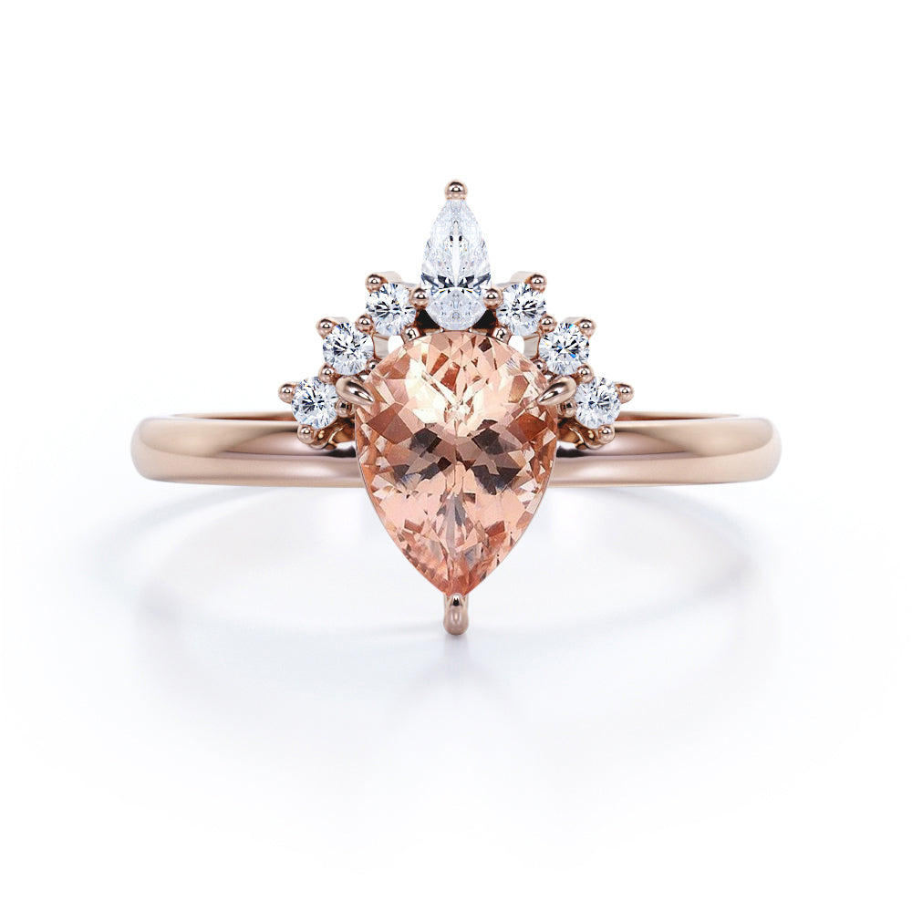 Lovely Tiara 1.15 carat Pear Shaped Peach Pink Morganite and diamond vintage engagement ring in White gold