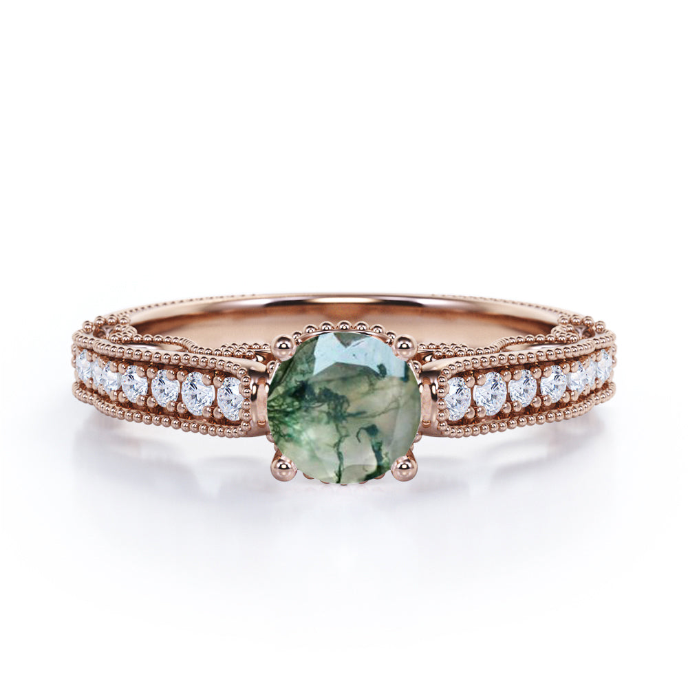 Victorian inspired filigree 1.25 carat Round cut Moss Green Agate and diamond milgrain engagement ring in Black gold