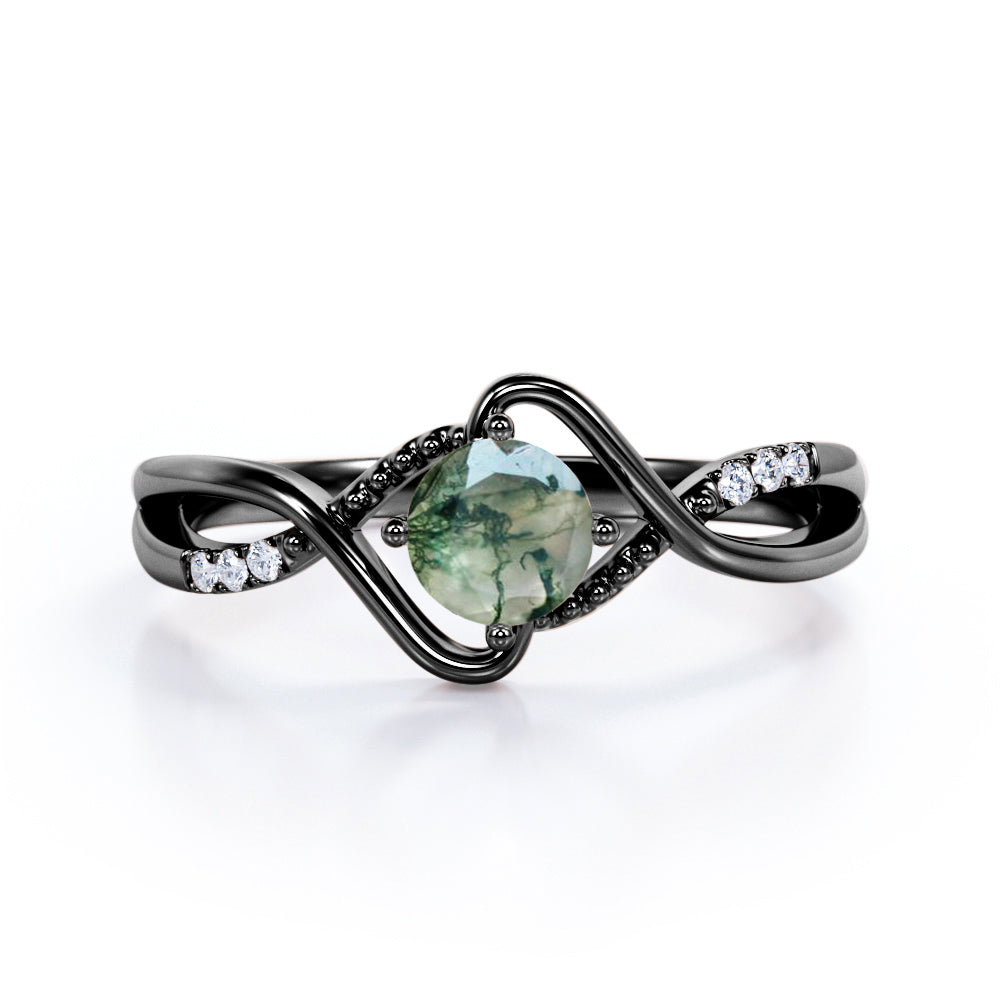 Infinity shank 1.15 carat Round cut Moss Green Agate and diamond milgrain engagement ring in White gold