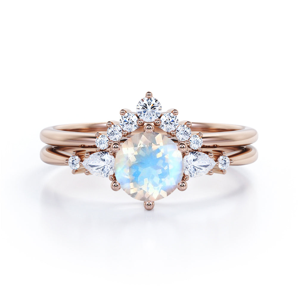 Antique Chevron 1.4 carat Round cut Blue Moonstone and diamond tapered style Bridal set for women in Black gold