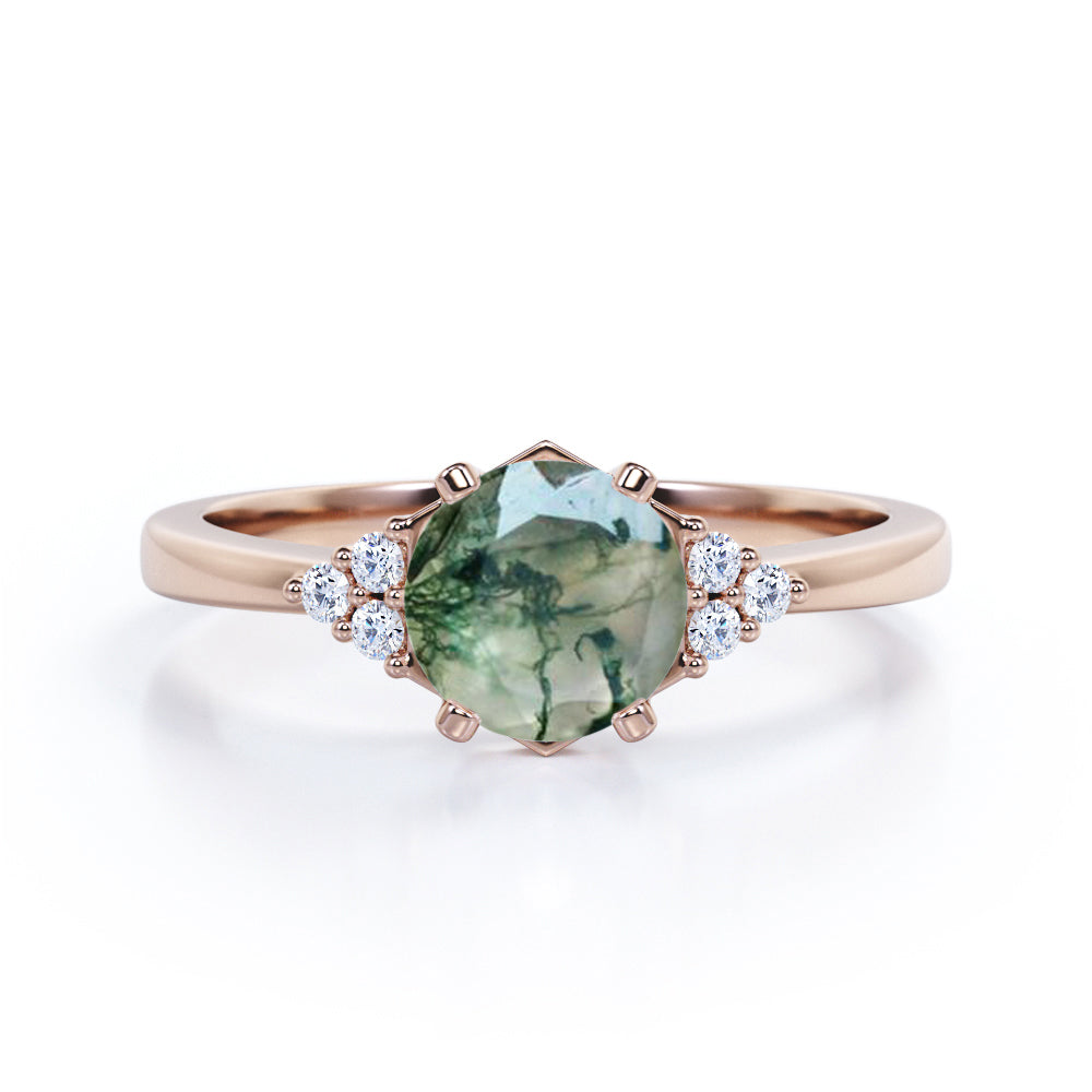 Tapered 7 stones 1.1 carat Round cut Moss Green Agate and diamond engagement ring in White gold