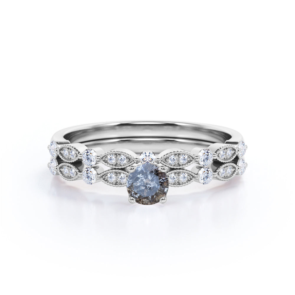 Vintage Marquise and dot style 0.75 carat Round cut Salt and pepper diamond and White diamond cathedral setting wedding ring set in yellow gold