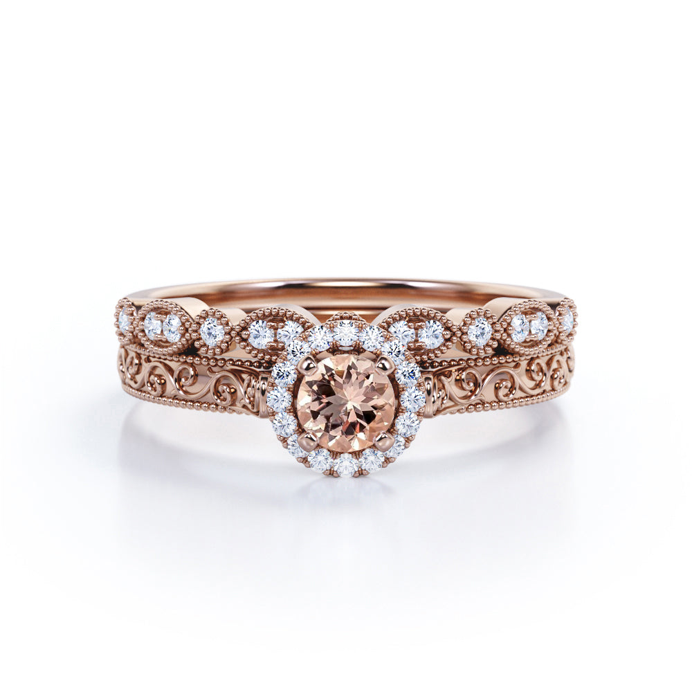 Antique Bridal 1 carat Round cut Morganite and diamond-Filigree and Milgrain-classic halo wedding ring set in White gold