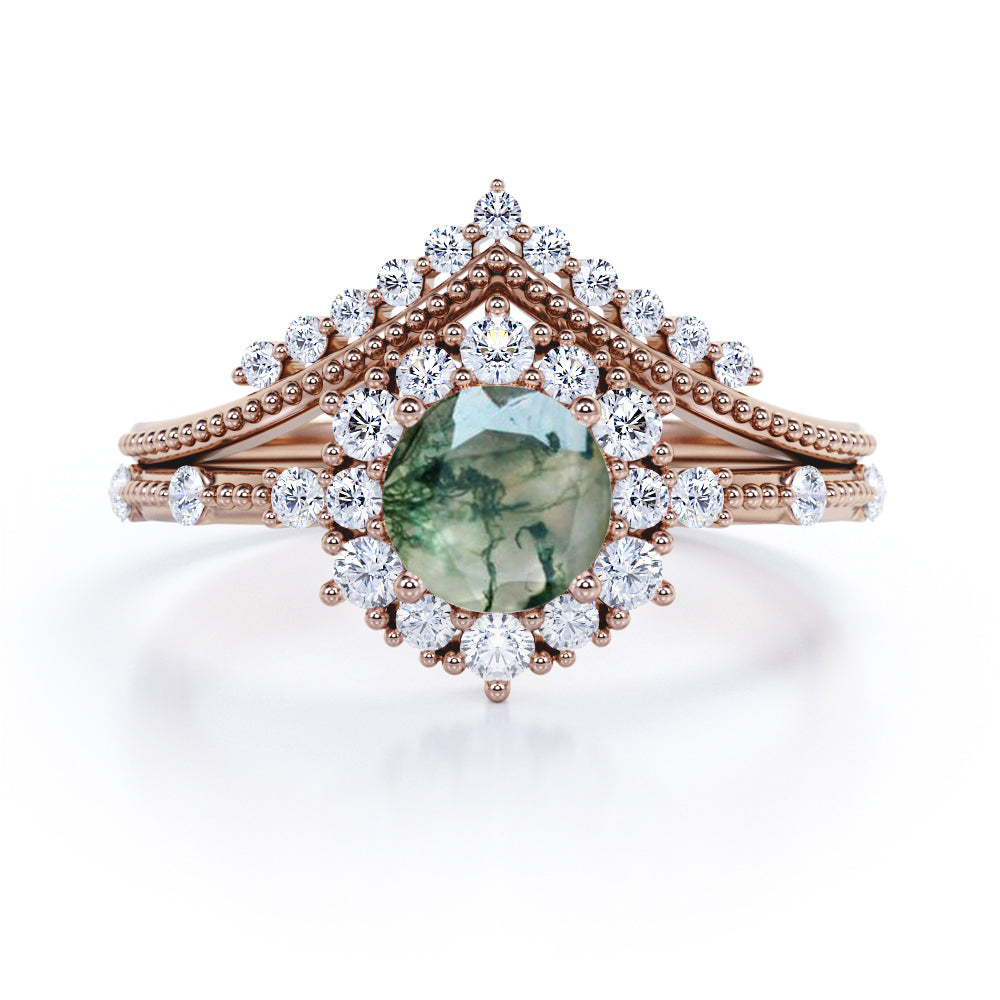 Contoured Cluster 1.45 carat Round cut Moss Green Agate and diamond milgrain art deco wedding ring set in White gold