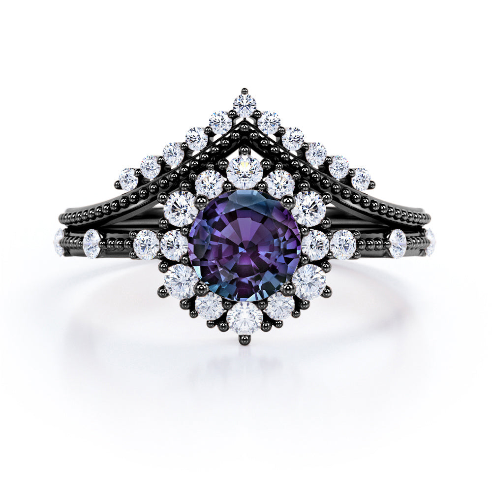 Cluster Chevron 1.5 carat Round cut Lab created Alexandrite and diamond engraved wedding ring set in White gold
