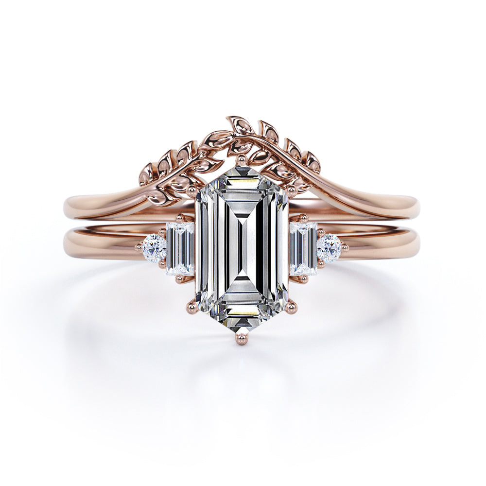 Vintage leaf design 1.1 carat Hexagon shaped Moissanite and diamond wedding ring set for women in Black gold