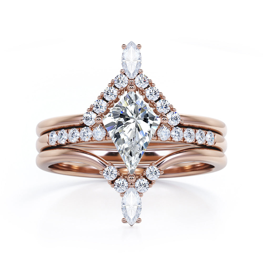 Royal Chevron 1.3 carat Kite shaped Moissanite and diamond trio wedding ring set for women in Black gold