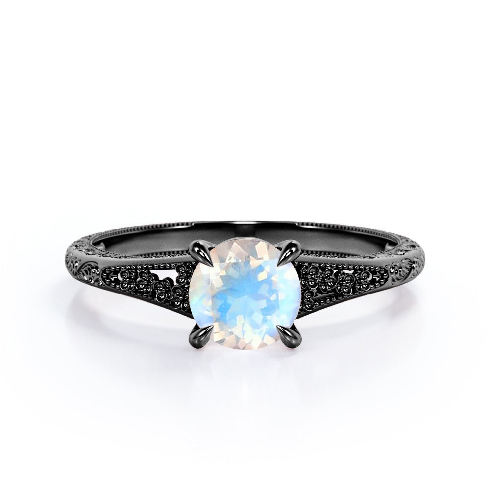 Solitaire 1 carat Round cut Moonstone claw prong setting-filigree split shank engagement ring in Rose gold