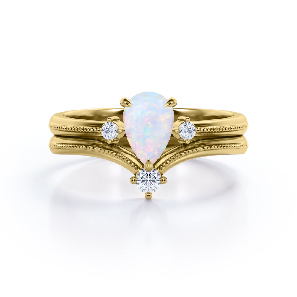 Chevron Crown Tiara 1.10 carat Pear cut Australian Fire Opal and Milgrain Border and diamond Wedding Bridal ring set