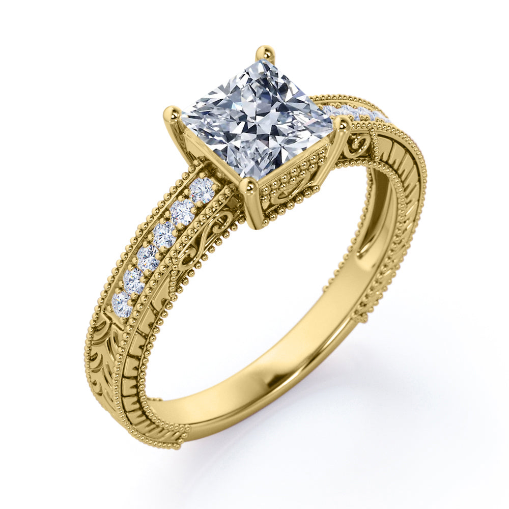 Vintage Milgrain 1.15 carat Princess cut Moissanite and diamond Engraved Filigree Engagement ring in White gold-Anniversary ring