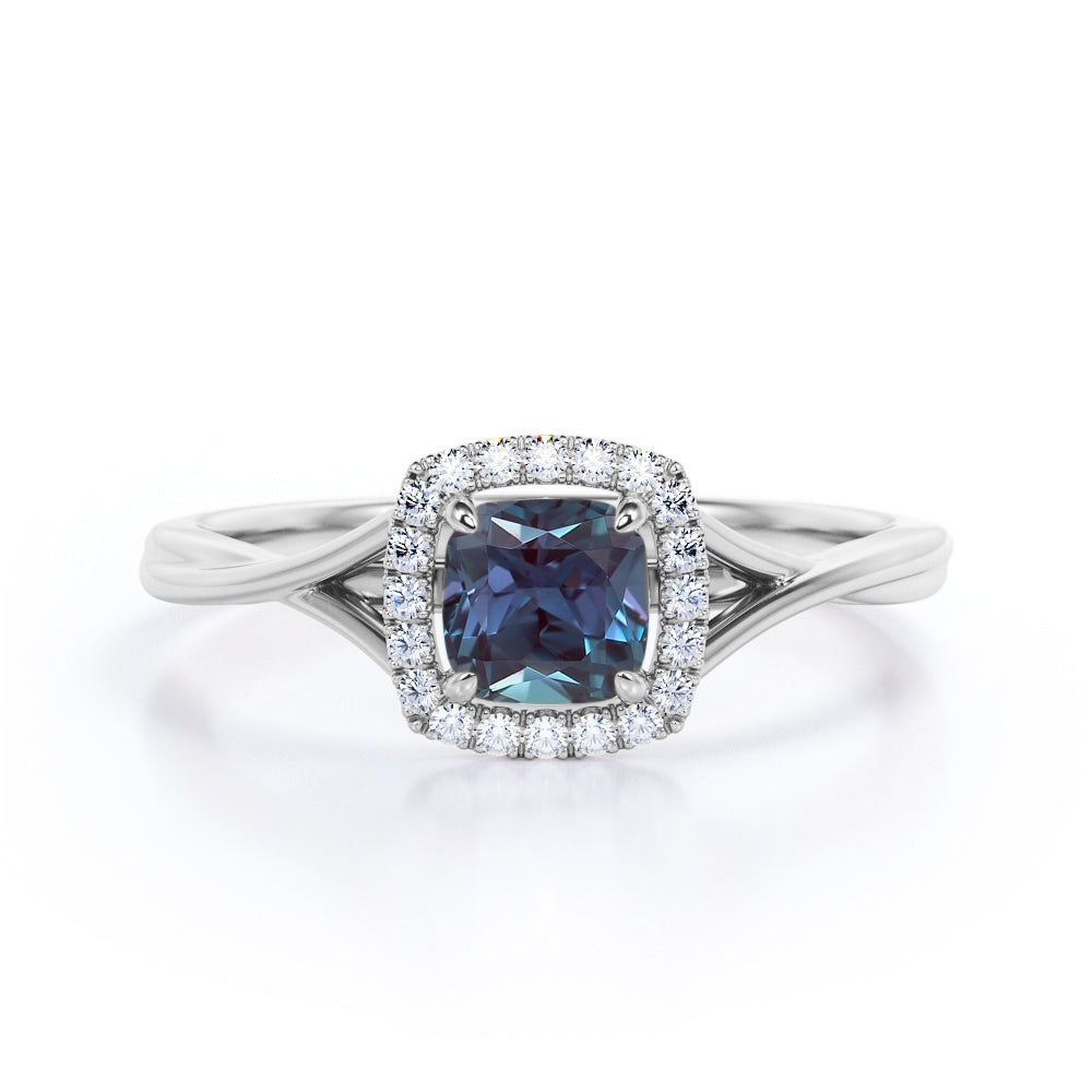 Eccentric Split Shank 1.25 carat Cushion Cut Lab made Alexandrite and diamond vintage inspired engagement ring in Rose gold