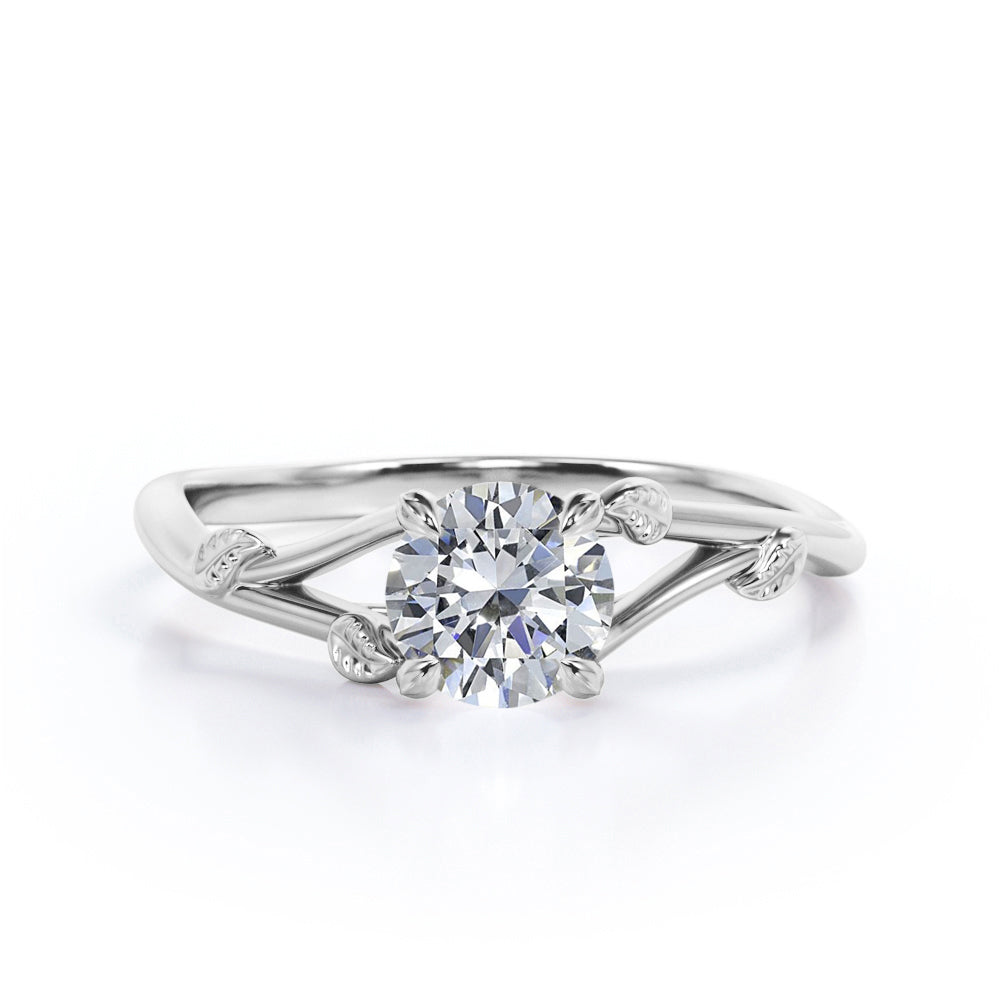 Modern Nature inspired 1 carat Round cut Moissanite solitaire engagement ring in Black gold