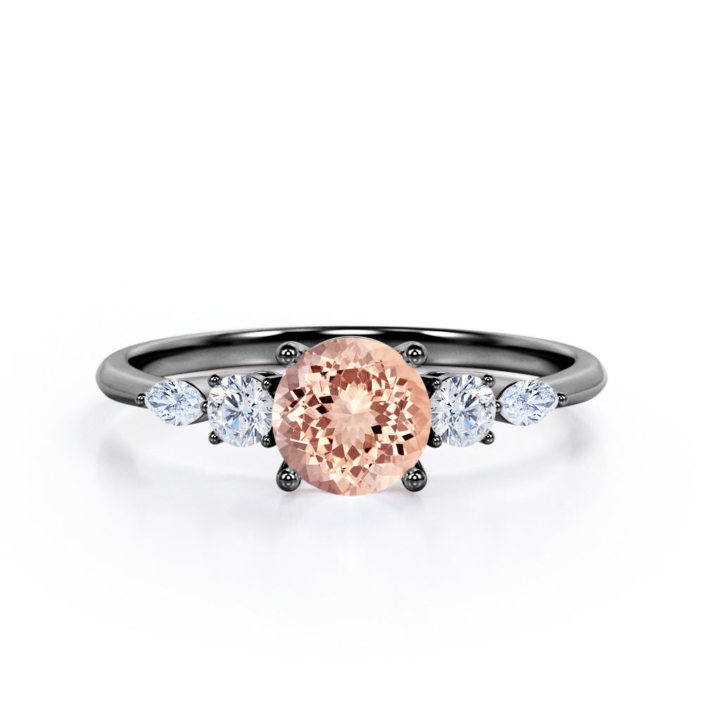 Traditional 1.1 carat Round cut Morganite and diamond five stone engagement ring in White gold