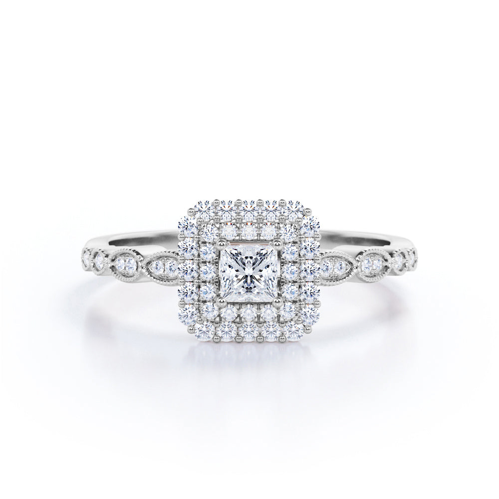Exquisite double halo 1.25 carat Princess cut Moissanite and diamond milgrain engagement ring in Rose gold