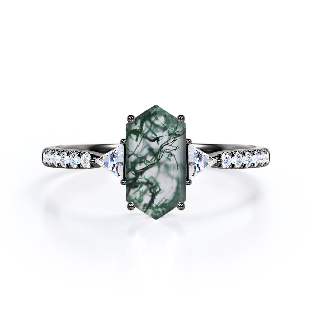 Modern Trillion 1.25 carat Hexagon shaped Moss Green Agate and diamond eternity style engagement ring in Rose gold