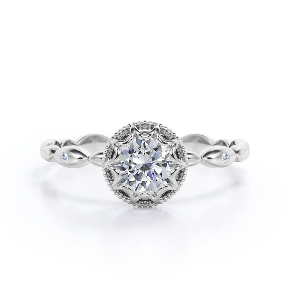 Hidden Halo 1 carat Round cut Moissanite scalloped engagement ring in Rose gold