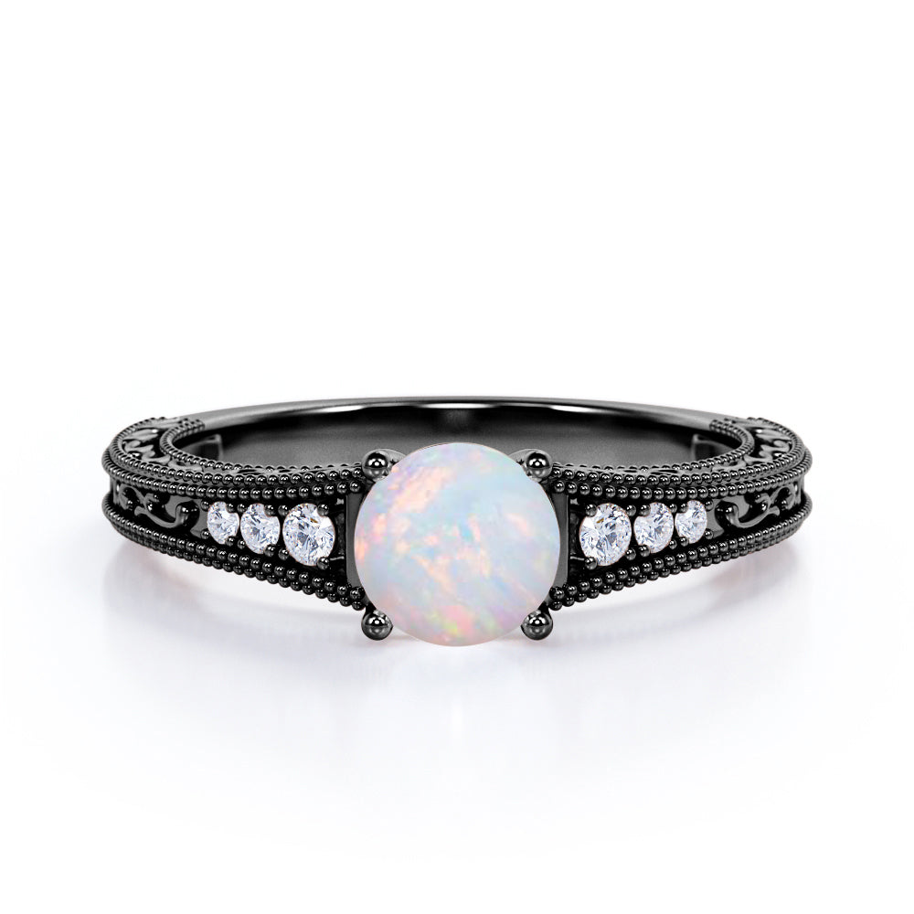 Victorian style inspired 1 carat Round cut Opal and diamond-filigree and milgrain-art deco engagement ring in White gold