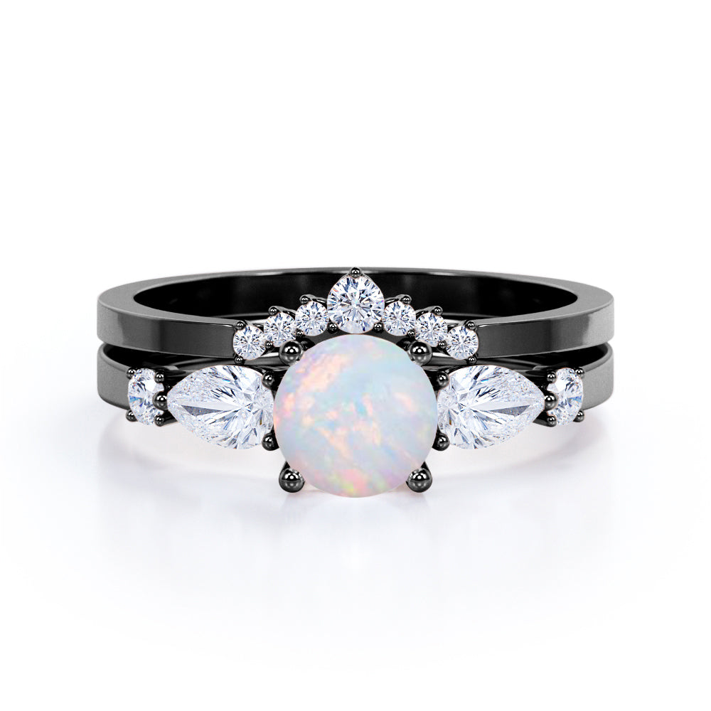 Tiara style 1.4 carat Round cut Opal and diamond beveled shank ring in White gold- Engagement ring for women