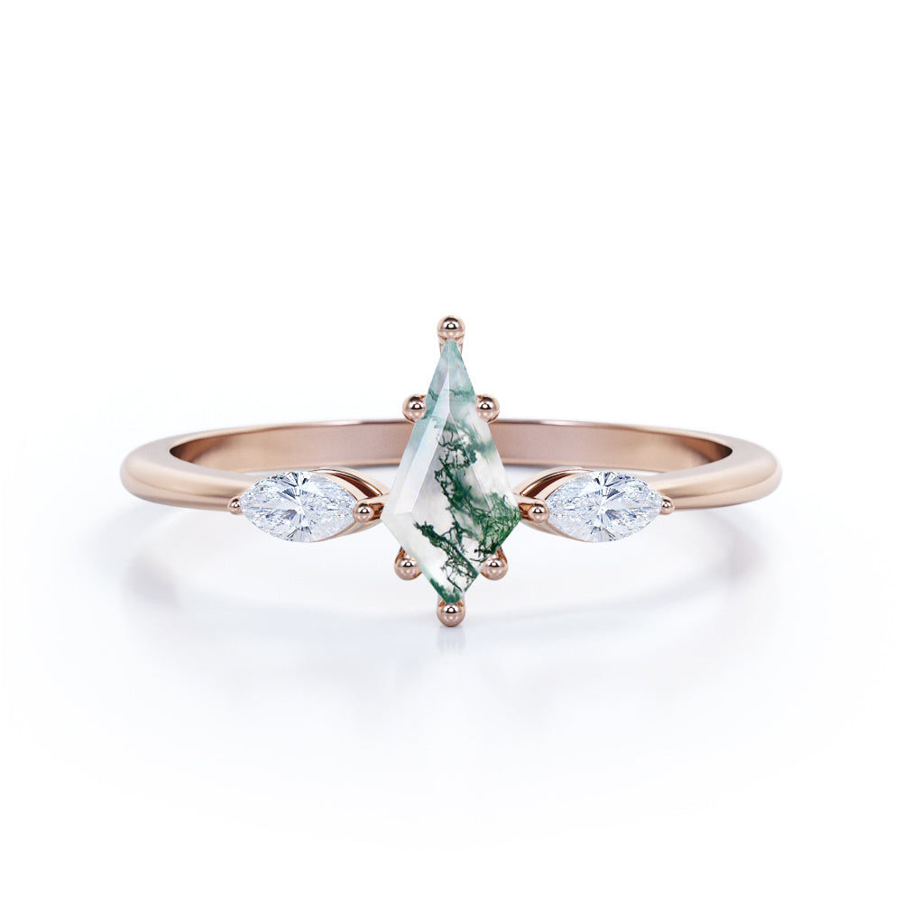 Modern Trinity 1.15 carat Kite shaped Moss Green Agate and marquise diamond tapered shank engagement ring in Black gold