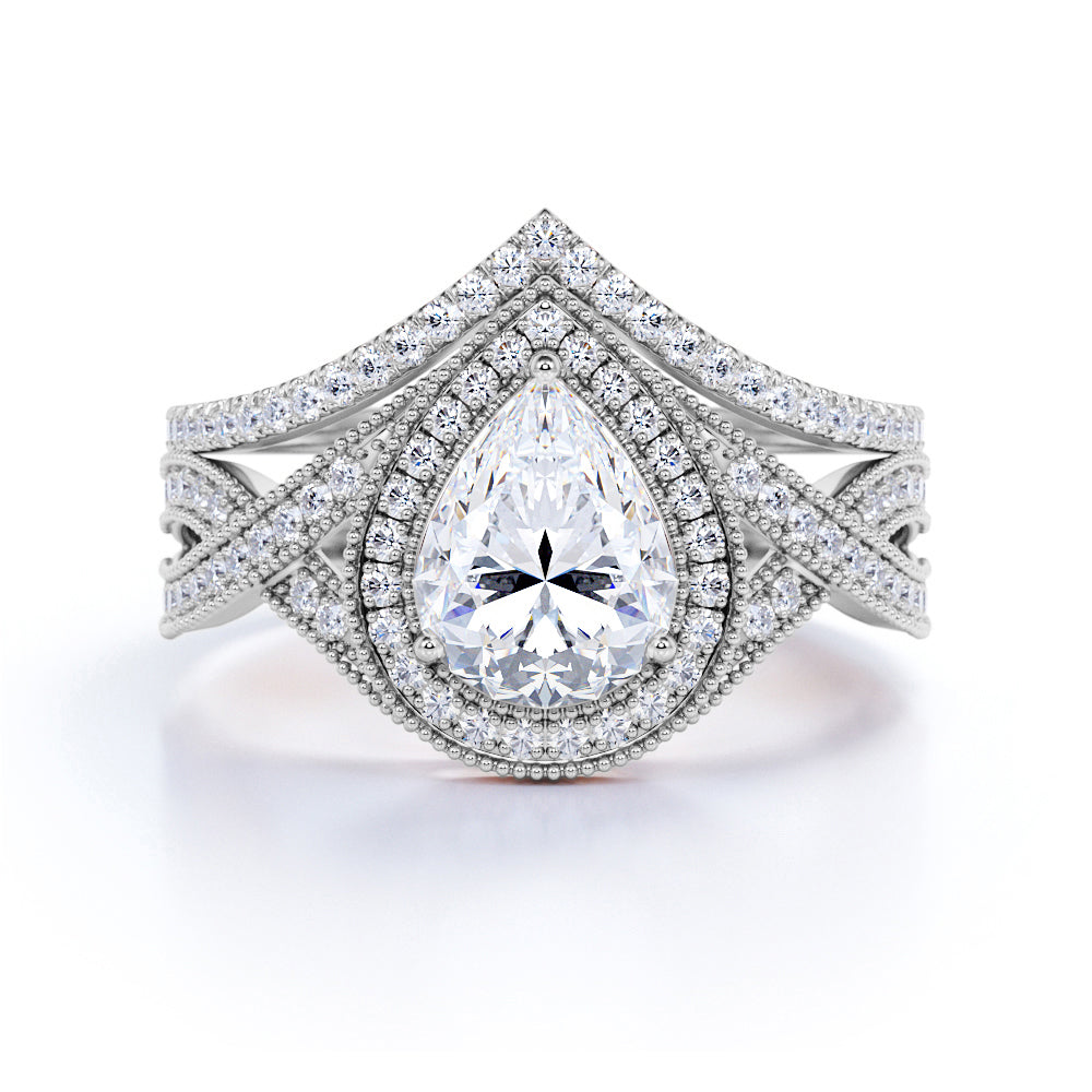 Vintage milgrain 1.75 carat pear shape Moissanite milgrain Wedding Ring Set in Rose Gold