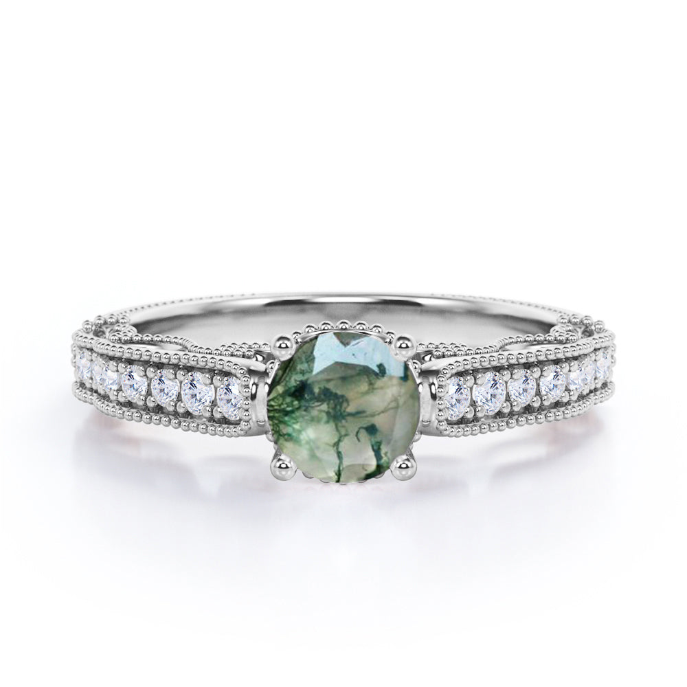 Victorian inspired filigree 1.25 carat Round cut Moss Green Agate and diamond milgrain engagement ring in Black gold