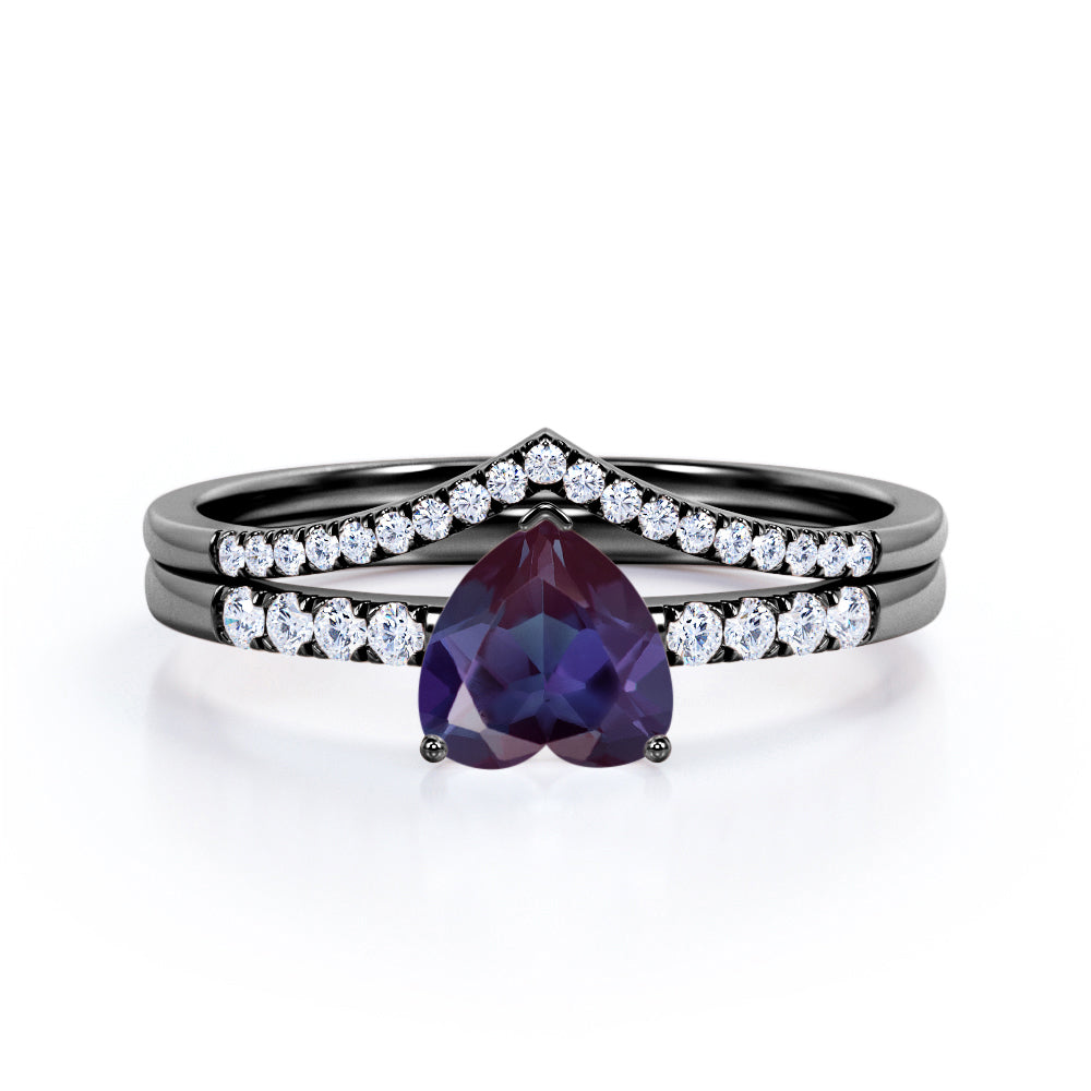 Authentic art deco 1.3 carat Heart shaped Lab Made Alexandrite and diamond contoured wedding ring set in Rose gold