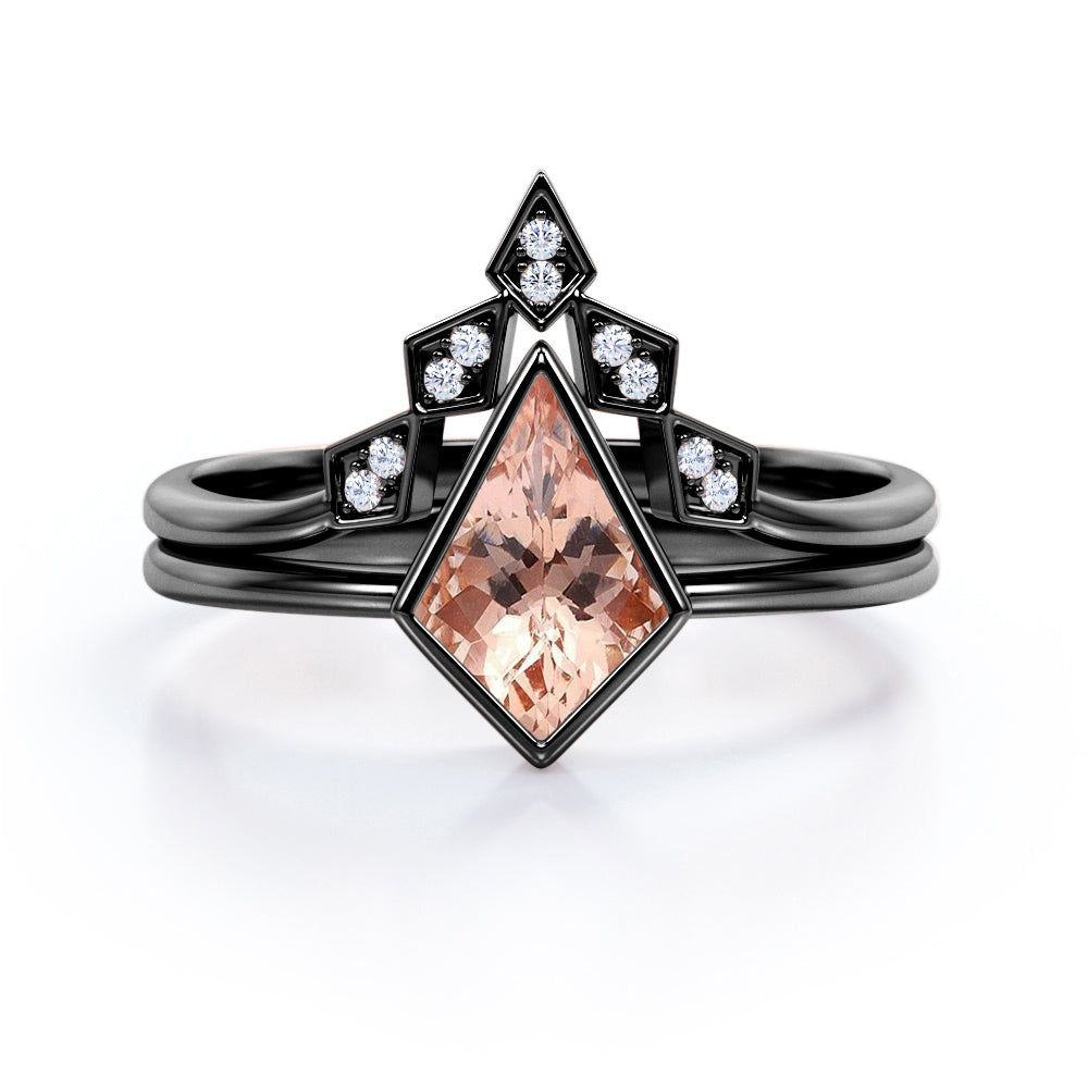 Antique Bezel Tiara 1.15 carat Kite Shaped Morganite and diamond wedding ring set for women in White gold