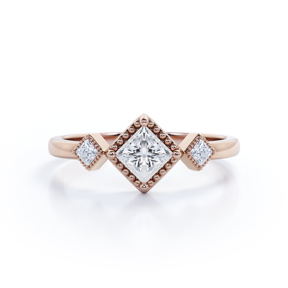 Three stone Bezel set 1.1 carat Princess cut Moissanite and diamond Milgrain wedding ring set for her in White gold