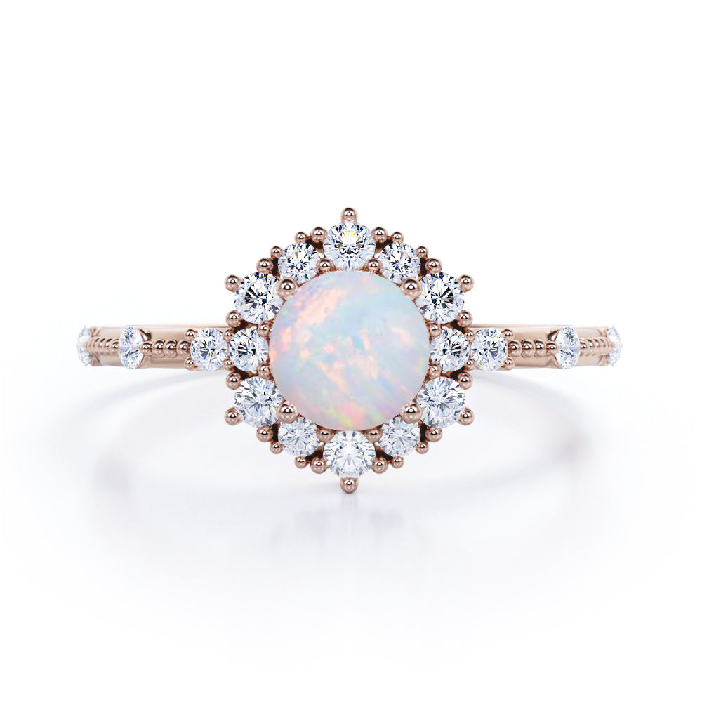 Floral art inspired 1.20 carat Round cut Ethiopian Opal and diamond-engraved-cluster halo engagement ring White gold