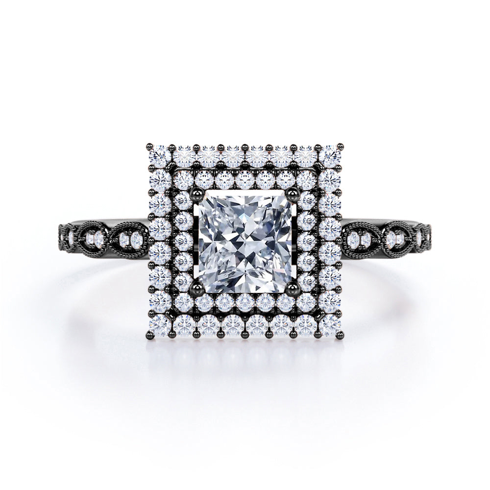Antique inspired 1.75 carat Princess cut Moissanite and diamond double halo engagement ring in White gold