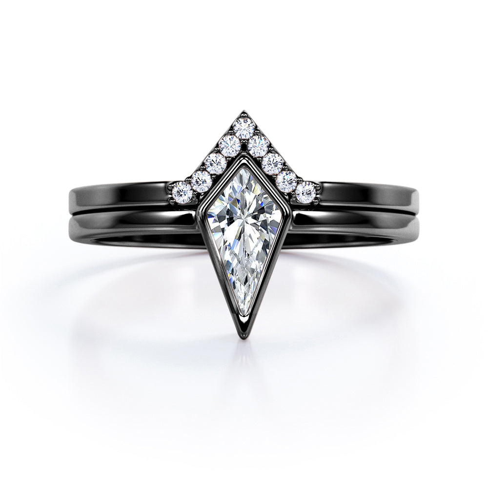 Chevron Bezel 1.1 Carat Kite shaped Moissanite and diamond bridal set for women in White gold