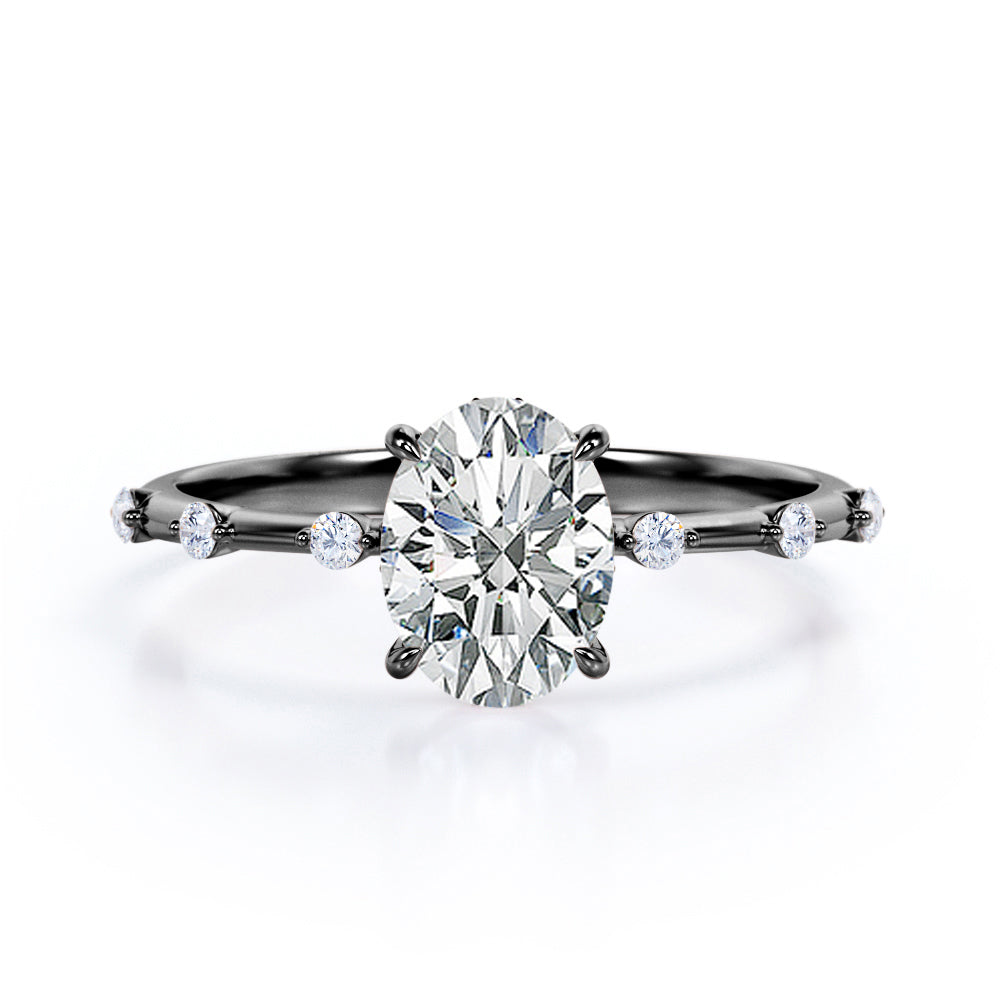 Delicate twig 1 carat Oval shaped Moissanite and diamond 7 stone engagement ring for her in rose gold