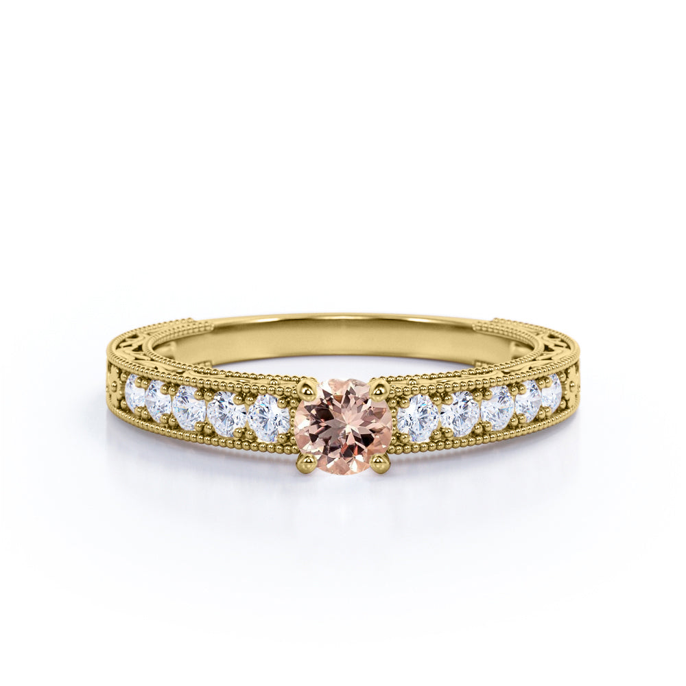 Art Nouveau style 0.75 carat Round cut Peach Morganite and diamond shared prong engagement ring in White gold