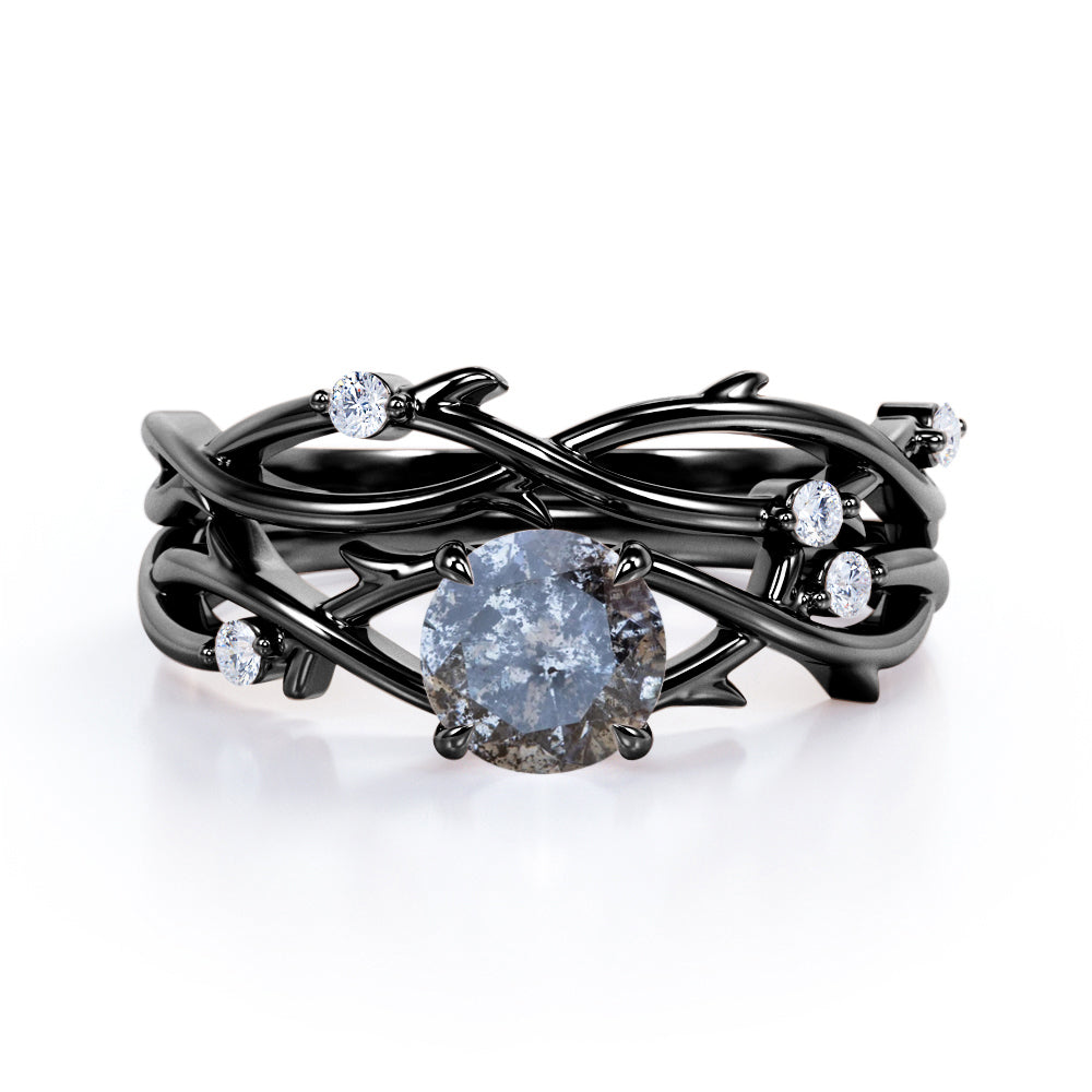 Artistic Vine 0.6 carat Round cut Salt and pepper diamond and White diamond twisted branch wedding ring set in White gold