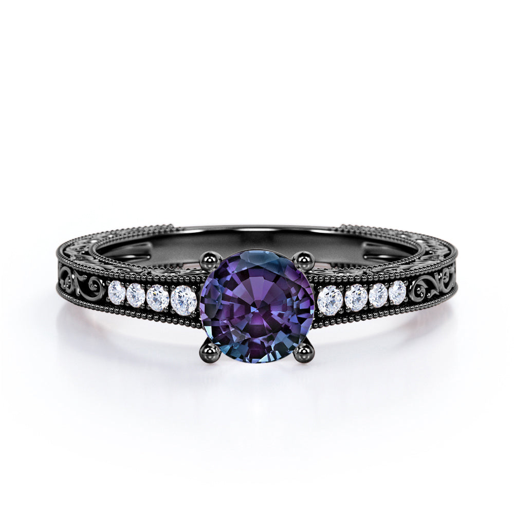 Floral filigree 1.1 carat Round cut Lab created Alexandrite and diamond channel set engagement ring in Rose gold