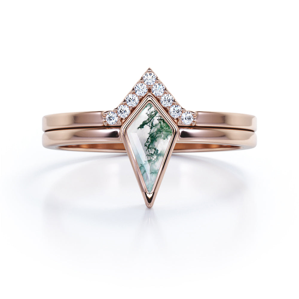 Contoured Bezel 1.15 carat Kite shaped Moss Green Agate and diamond antique Bridal set for women in Black gold